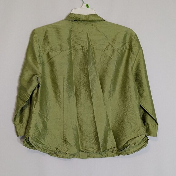 ANN TAYLOR Lime Green 100% Silk Short Slim Fit Button Blouse Top; Size 12P - Picture 2 of 4